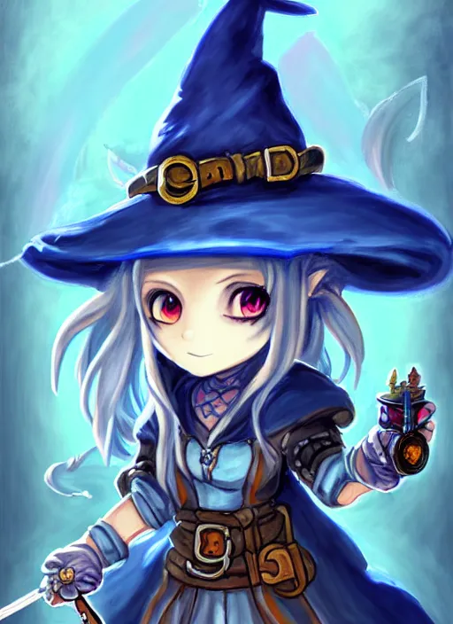 Prompt: a portrait of girl alchemist in blue dress, witch hat, magic potions, fantasy, dungeons and dragons, an ultrafine detailed painting, chibi, detailed painting, boris valejo. octopath traveler decal!!!