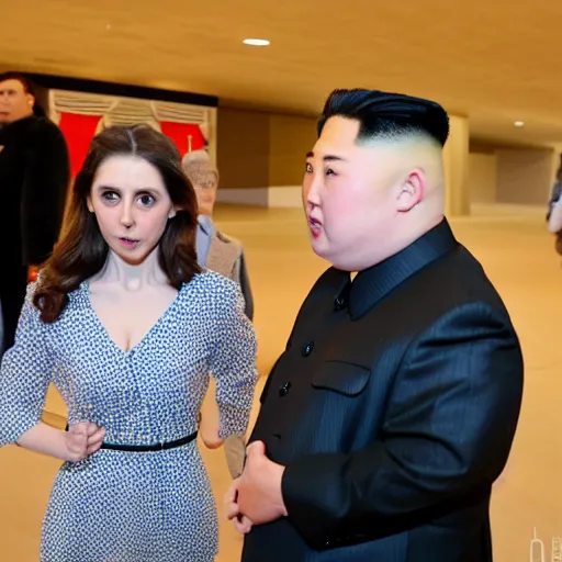 Image similar to close up shot of alison brie engaging peace talks with kim jong un at the slough corn exchange. photography, photographic