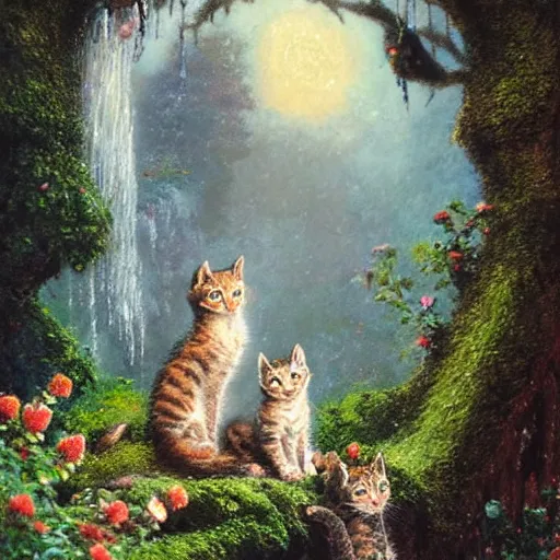 Image similar to two kittens in the enchanted forest stand on the steps and watch the waterfall, fantasy, intricate, extremely detailed, matte, featured in artstation, art by louis wain, greg rutkowski