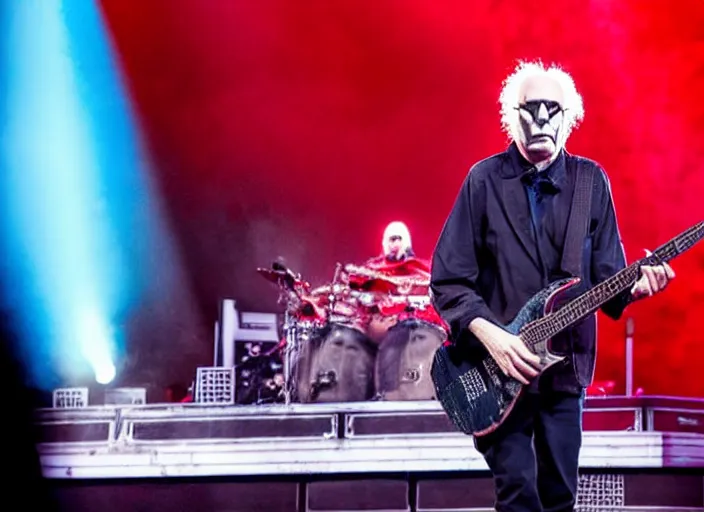 Image similar to publicity photo still of larry david touring with slipknot live on stage, 8 k, live concert lighting, mid shot