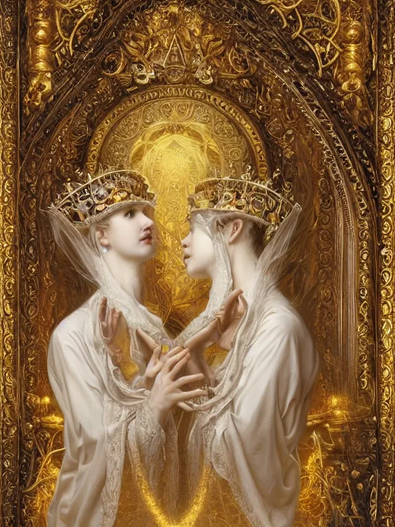 Prompt: a beautiful render of two baroque catholic veiled queen with symmetry intricate detailed heart,relief sculpture,pray,by Lawrence Alma-Tadema, Maria Mirage,peter gric,aaron horkey,Billelis,trending on pinterest,hyperreal,gold,silver,ivory,maximalist,glittering,golden ratio,cinematic lighting