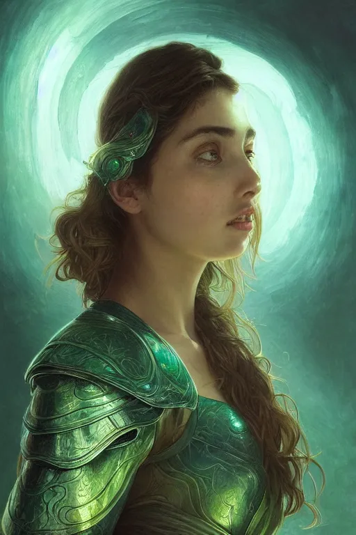 Image similar to Ana de Armas wearing iridescent green opal armor, fantasy, intricate, cinematic lighting, highly detailed, beautiful, digital painting, artstation, masterpiece, concept art, smooth, sharp focus, illustration, art by Artgerm and Greg Rutkowski and Alphonse Mucha and william-Adolphe Bouguereau