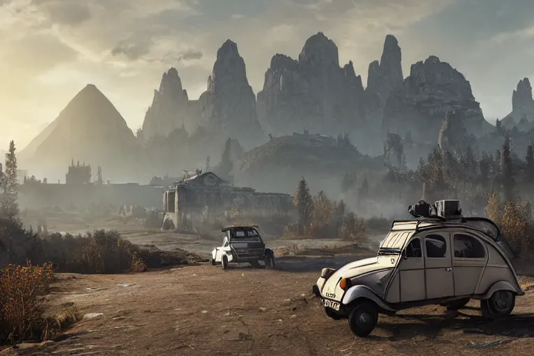 Image similar to offroad citroen 2 cv ( 1 9 6 5 ) driving across the rift, daedric longsword stored on the side of the car, leather and cloth traveller backpacks on roof, riften city in the background, epic fantasy, autumn, the elder scrolls v : skyrim, dramatic lighting, establishing shot, by simon stalenhag