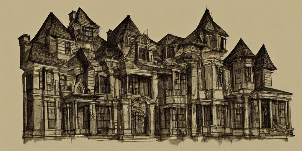 Image similar to technical drawing of a haunted mansion, hyper realistic, dramatic shadows, gothic