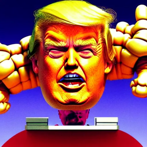 Image similar to donald trump's head as modok, the mental organism designed only for killing, little man in hovering throne, full body, psychic alien with huge head, marvel supervillain character