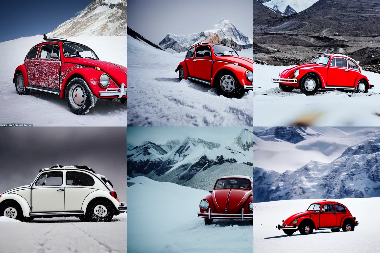 Prompt: extreme long shot of a snowy red 1970 vw beetle standing on mount everest, award winning photo, snow, high detail, desolate, atmospheric, 8k