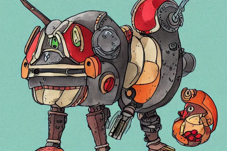 Image similar to heavily armoured mechanical chicken by studio ghibli