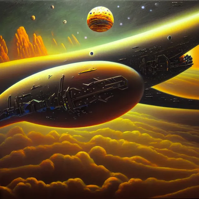 Image similar to an oil on canvas painting of a spaceship, polycount, surrealism, surrealist, cosmic horror, high detail