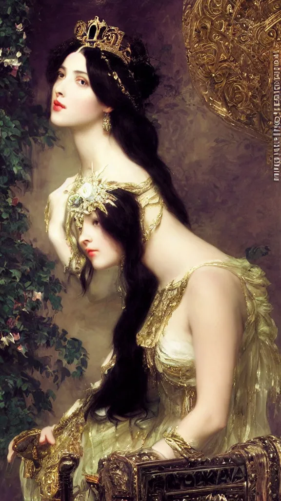 Image similar to a beautiful black haired woman with pale skin and a crown on her head sitted on an intricate metal throne by franz xaver winterhalter and delphin enjolras and rebecca guay