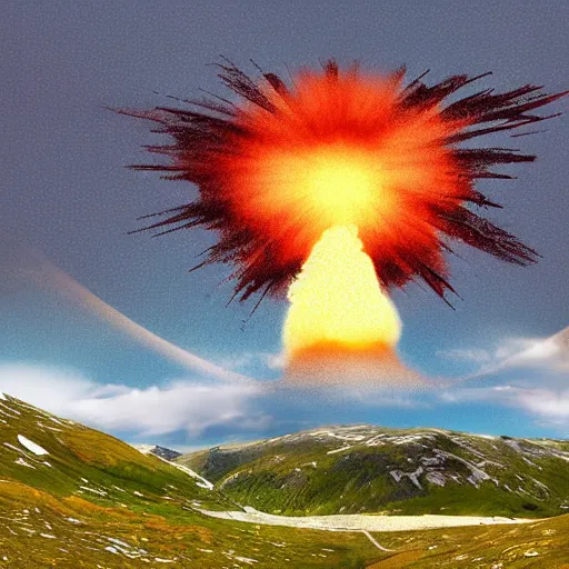 Image similar to digital artwork of nuclear explosion over a small quaint town in the swedish alps