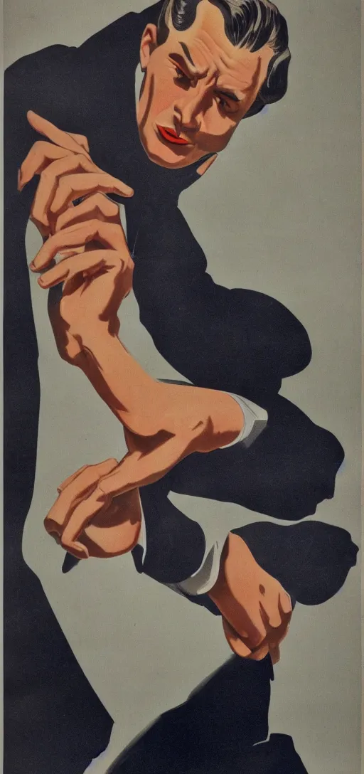 Image similar to portrait of a glamorous man with upset gesture, 1940s propaganda poster, full hd,highly detailed