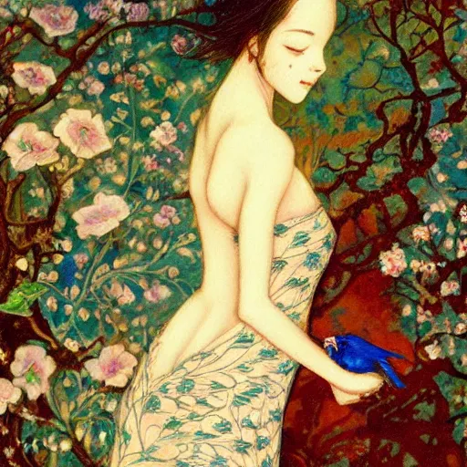 Image similar to meticulous, delicate niello inlay by john anster fitzgerald, by makoto shinkai. mixed media art. a woman is shown from behind, her body slightly blurred as if in motion. her long hair cascades down her back, & she is holding a small bird in her hand.