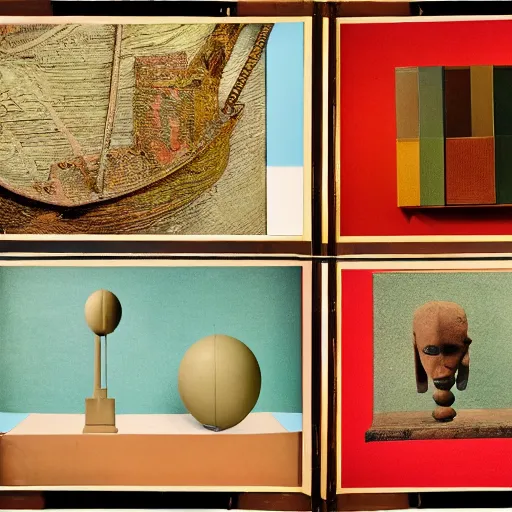 Prompt: A three color offset photography of objects on display, anthropology of wonder, exotic artifacts, abstract art, colonial expedition, catalog exhibition, 60s style