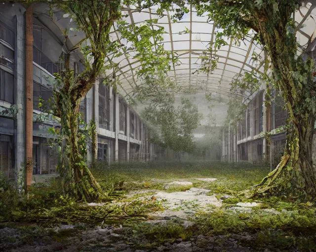 Prompt: trees growing in an abandoned shopping mall, overgrown by flower, vines, hyperrealistic, highly detailed, oil painting, intricate, cgsociety, artstation, 8 k, cinematic, muted colors, soft lighting, smooth, sharp focus