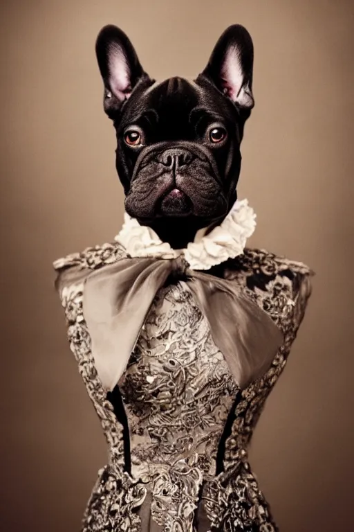 Image similar to full body portrait of a black french bulldog, symmetrical, detailed facial features, victorian female clothing, cinematic lighting, highly detailed, by annie leibovitz, 4 k,