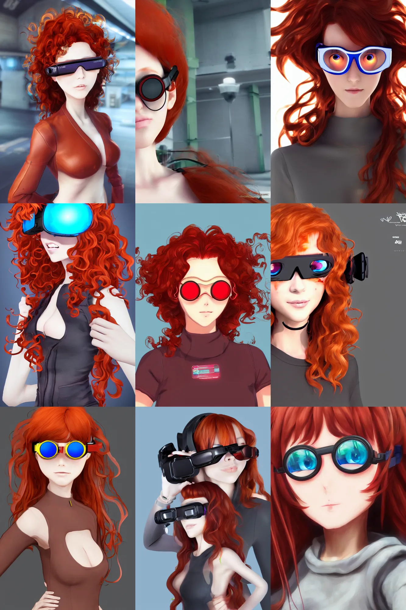 Prompt: curly redhead woman wearing a thin vr glasses, anime style, colorful lenses, unreal engine, trending on artstation, by masamune shirow