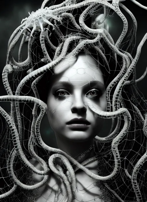 Image similar to surreal mythical dreamy dark artistic black and white fine art photo of a beautiful young female medusa - mermaid - cyborg covered with translucent algae, highly detailed, intricate crystal ivy jelly fish scales ornate, lace web, poetic, octane render, 8 k, photo - realistic, by horst p. horst