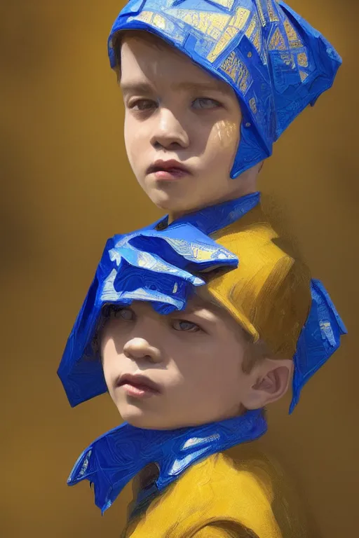 Image similar to little boy, close - up portrait, the portrait is decorated with blue and gold art deco patterns, powerfull, intricate, elegant, volumetric lighting, scenery, digital painting, highly detailed, artstation, sharp focus, illustration, concept art, ruan jia, steve mccurry