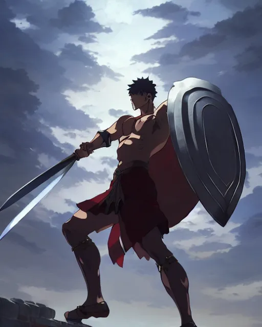 Image similar to powerful muscular warrior with a greatsword and wearing plate armor and a cape, dramatic action pose, square masculine jaw, short messy hair, trending on pixiv fanbox, by greg rutkowski makoto shinkai takashi takeuchi studio ghibli, akihiko yoshida