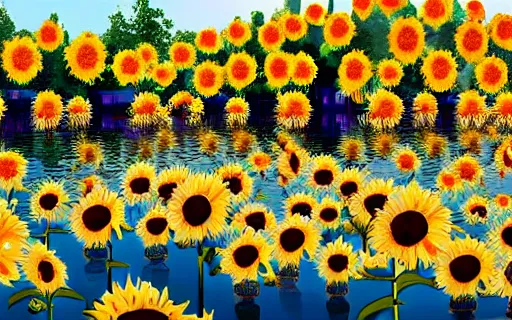 Image similar to City of Ljubljana flooded with sunflowers and people swimming through them, digital art, trending on artstation