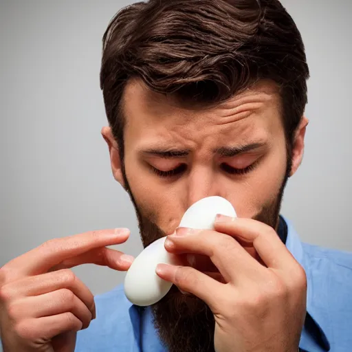 Image similar to a man eating the last egg while looking sad, realistic photo,