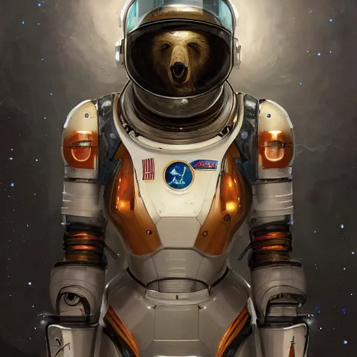 Image similar to detailed science - fiction character portrait of a grizzly bear space robot suit, intricate, wild, highly detailed, digital painting, artstation, concept art, smooth, sharp focus, illustration, art by artgerm and greg rutkowski and alphonse mucha