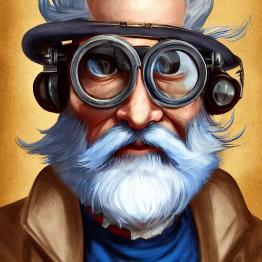 Image similar to a front-facing portrait of an old man with a grey beard and blue hair wearing steampunk goggles, dungeons and dragons character art, highly-detailed illustration, Artstation