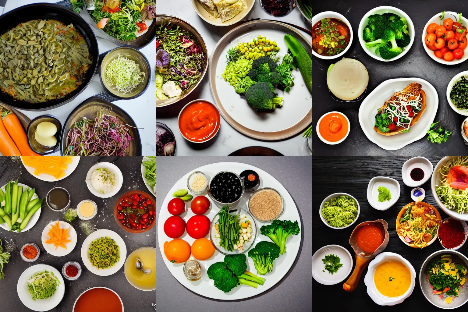 Prompt: photo from above the kitchen counter with fresh premium vegetarian ingredients, food blog photo