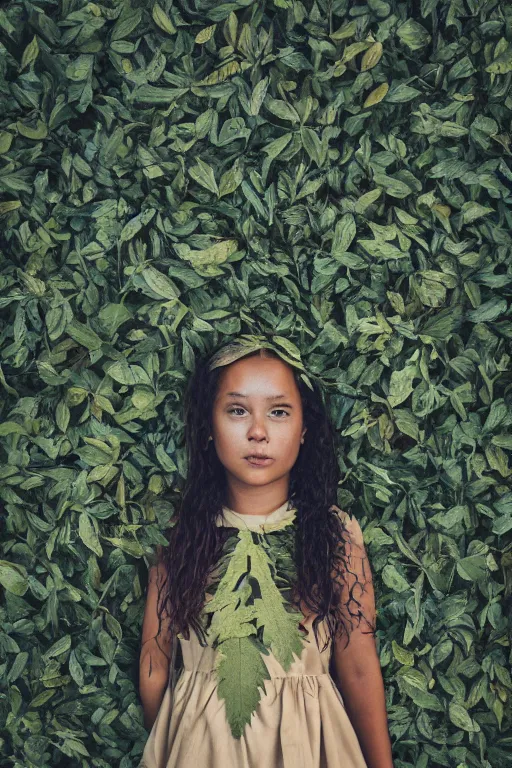 Prompt: a portrait of a girl wearing a dress made up of leaves