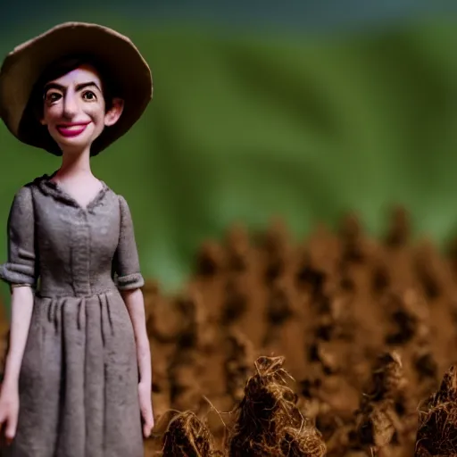 Image similar to a cinematic film still of a claymation stop motion film starring anne hathaway as female farmer, shallow depth of field, 8 0 mm, f 1. 8