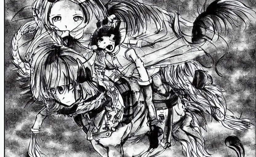 Image similar to a manga drawing small people riding an gigantic cat