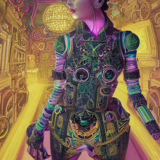 Prompt: the portrait of an absurdly graceful, sophisticated, fashionable ottomanpunk robotess idol, an ultrafine hyperdetailed illustration by kim jisu, intricate linework, neon wiring, porcelain skin, unreal engine 5 highly rendered, global illumination, radiant light, detailed and intricate environment, by rutkowski, artgerm