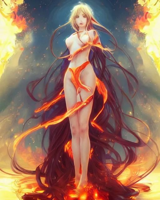 Image similar to beautiful long haired anime girl, fire dress, full body photo, flames everywhere, highly detailed, digital painting, artstation, concept art, smooth, sharp focus, illustration, art by artgerm and greg rutkowski and alphonse mucha