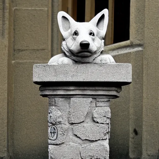 Image similar to corgi gargoyle made of stone, uncropped, photography