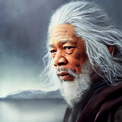 Prompt: morgan freeman starring as gandalf in lord of the rings, beautiful, serene colors, lake background, complimentary contrast, dramatic lighting, masterpiece, high contrast, painted by stanley lau, painted by greg rutkowski, painted by stanley artgerm, digital art, trending on artstation