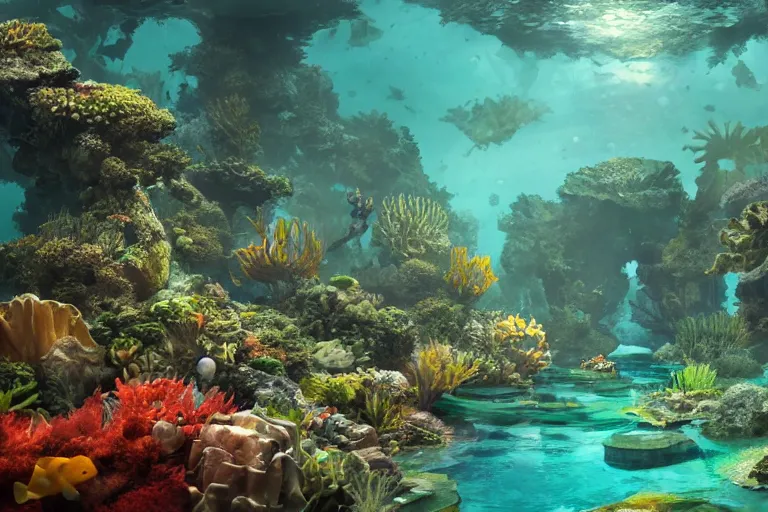 Prompt: dramatic solarpunk landscape of an underwater garden habitat under the sea in the shade. trending on cgsociety, happy atmosphere, natural volumetric lighting, exaggerated detailed, wide angle, octane render, raytraced realistic