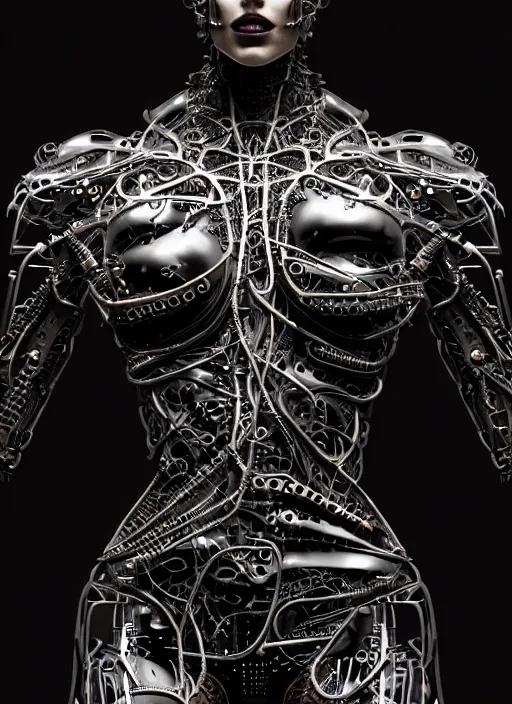 Image similar to organic cyborg full frontal torso close-up, vivid blackest black satin plastic, diffuse lighting, fantasy, intricate, elegant, highly detailed, lifelike, photorealistic, digital painting, artstation, illustration, concept art, smooth, sharp focus, art by John Collier and Albert Aublet and Krenz Cushart and Artem Demura and Alphonse Mucha