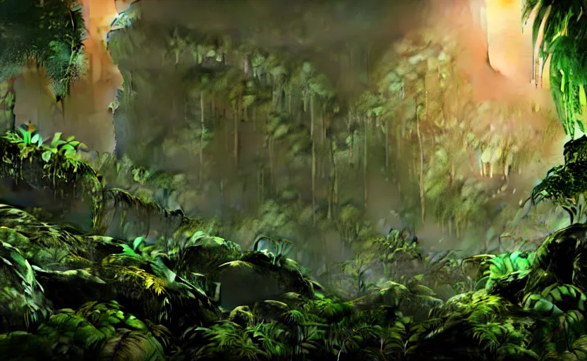 Prompt: a beautiful render of a dark prehistoric rainforest in a humongous cave, lush flora, patches of sky, magenta, green, sunset, floating mountains and a waterfall in the background, intricate detail, hazy, humid, volumetric lighting, 8 k, photorealistic, raytracing effects, unreal engine 5