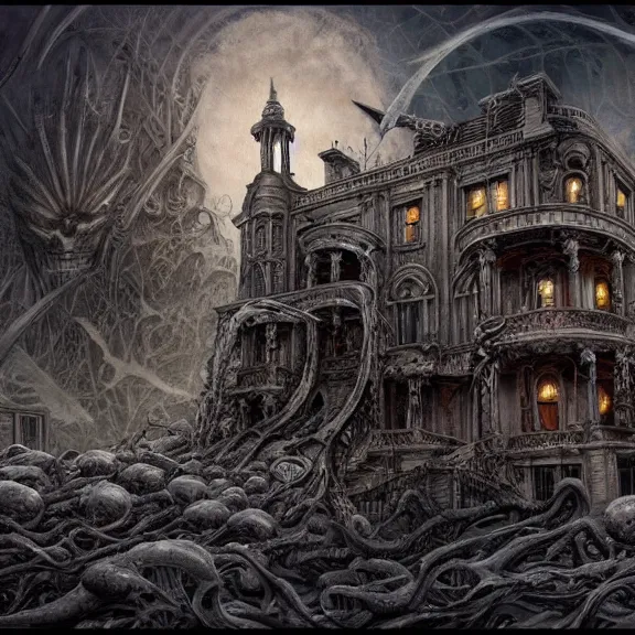 Prompt: the white house, apocalyptic, gerald brom, hyper detailed, 8 k, fantasy, dark, grim