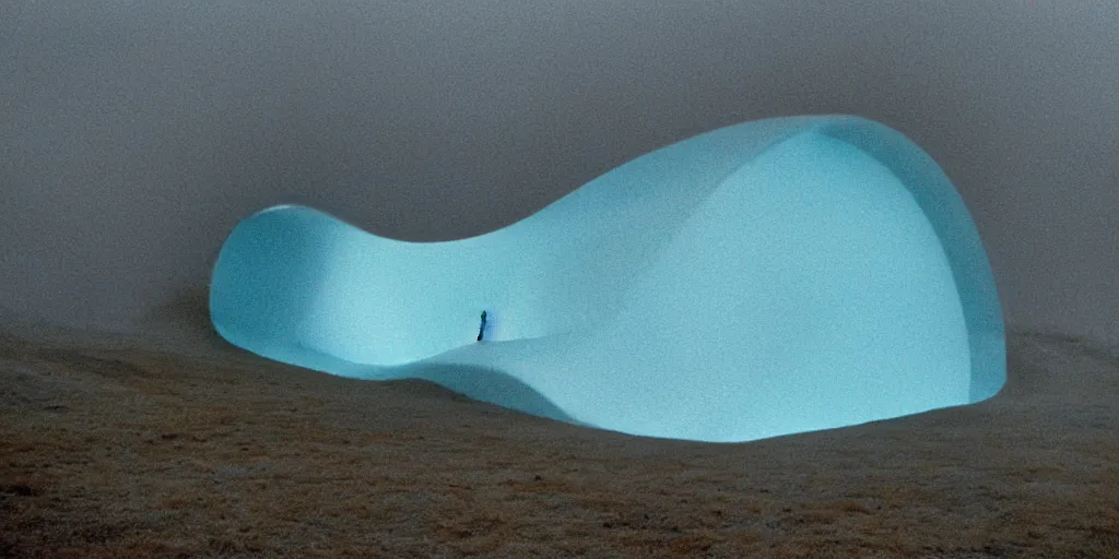 Image similar to a strange huge translucent pvc inflated organic architecture building with blue fluffy fur inside by anish kapoor sits in the rock mountains, film still from the movie directed by denis villeneuve with art direction by zdzisław beksinski, close up, telephoto lens, shallow depth of field