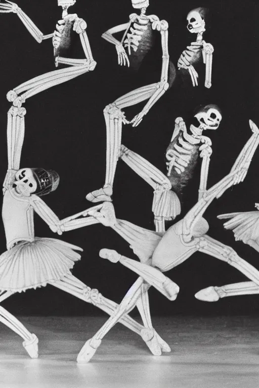 Image similar to Old black and white Soviet TV with four skeleton ballerinas performing Swan\'s Lake ballet. Extremely detailed. 4K. Award winning. Ultra realistic photo
