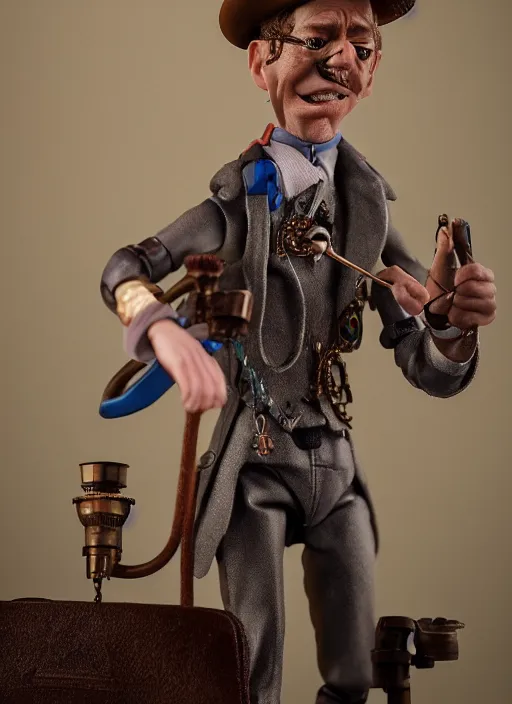 Image similar to product photography of a claymation action figure steampunk steve buscemi, depth of field, zeiss lens, detailed, centered, by erwin olaf, joop geesink, wes anderson, breathtaking, 8 k resolution, extremely detailed, beautiful, establishing shot, realistic materials, hyperrealistic