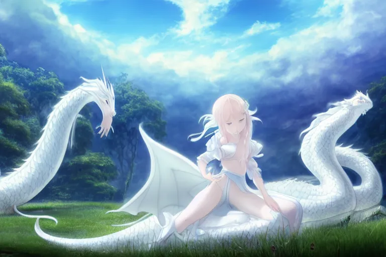 Image similar to a vast scene, panorama distant view, beautiful princess lie on the ground be surrounded snuggle by a huge silver white dragon, in the white clouds fairyland center, anime key visual of white dragon and girl, finely detailed perfect face delicate, distant lens, style of raphael lacoste, trending on pixiv fanbox, james jean, studio ghibli, xision