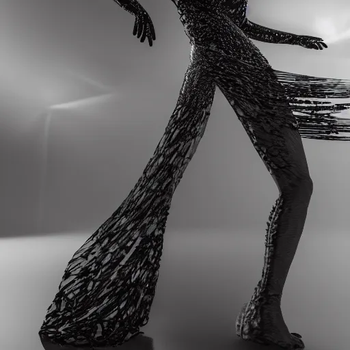 Image similar to An extremely beautiful runway model wearing a intricate bikini dress made from Ferro Fluid at a Galla, hyper realistic 8K HDRI octane render.