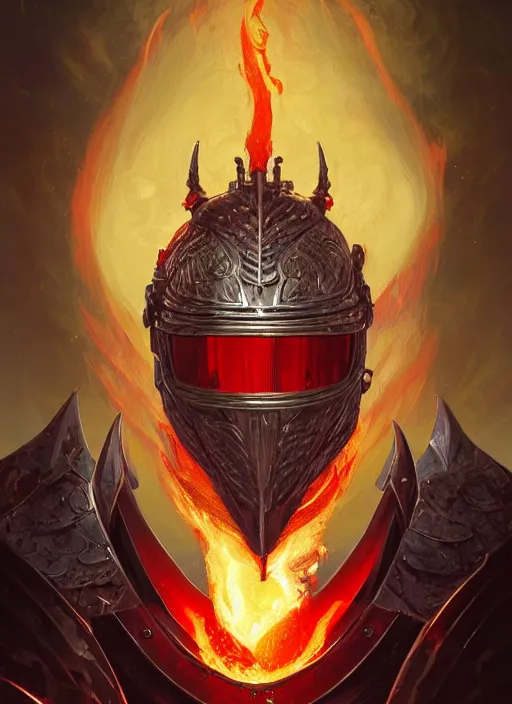 Image similar to highly detailed portrait of knight's helmet reflecting red dragon reflection detailed, 8 k blocking flames fire, green eyes, fantasy art by by simon bisley, loish, rhads, ferdinand knab, makoto shinkai and lois van baarle, ilya kuvshinov, rossdraws, tom bagshaw, global illumination, radiant light, detailed and intricate environment