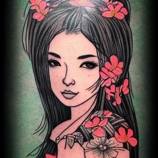 Image similar to tattoo design, stencil, traditional Japanese, beautiful portrait of a girl surrounded by flowers by artgerm, artgerm, digital art