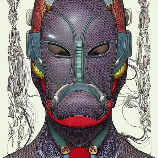 Image similar to portrait of the mysterious masked organic cyborg, vogue poses, beautiful futuristic ornamental cape, intricate, highly detailed, masterful, in the style of moebius, akira toriyama, jean giraud, 8 k