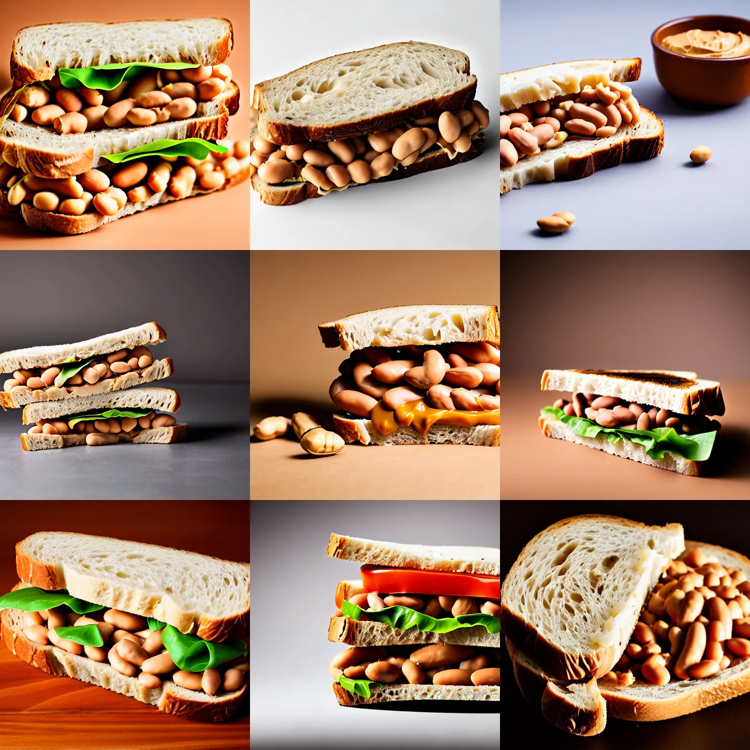 Prompt: A photograph of a peanut butter and beans sandwich, 85mm f/2.8, studio lighting