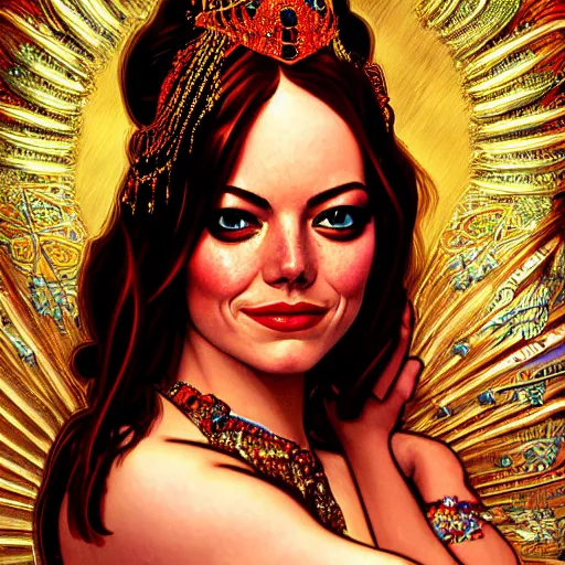 Image similar to a portrait of emma stone dressed as a belly dancer, arabian night, high quality, fully detailed, 4 k, in focus sharp face with fine details, realistic hand details and anatomy, inspired by belly dancer on youtube, alphonse mucha, masterpiece, stunning, artstation