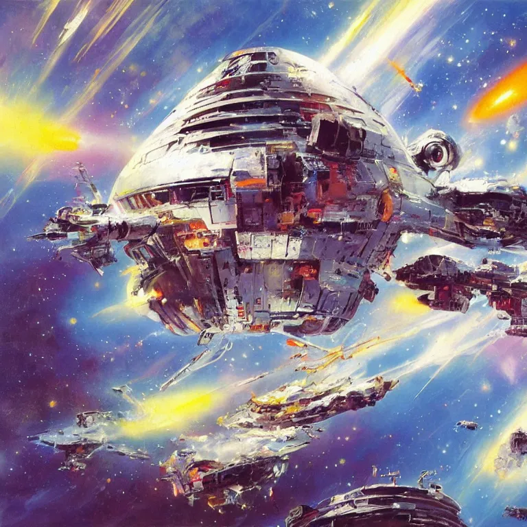 Image similar to spaceship that looks like the kool-aid man bursting into hyperspace, by John Berkey, concept art, space